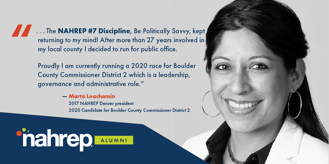 NAHREP's tweet photo. Spotlight on NAHREP Alumn Marta Loachamin, who's living Principle 7 of the #NAHREP10: Be politically savvy. Loachamin served as 2017 President of NAHREP Denver and is now running for public office. Best wishes! 

To apply to #NAHREPalumni, visit https://t.co/9gOfAwQnMG https://t.co/4QGwaWNjQQ