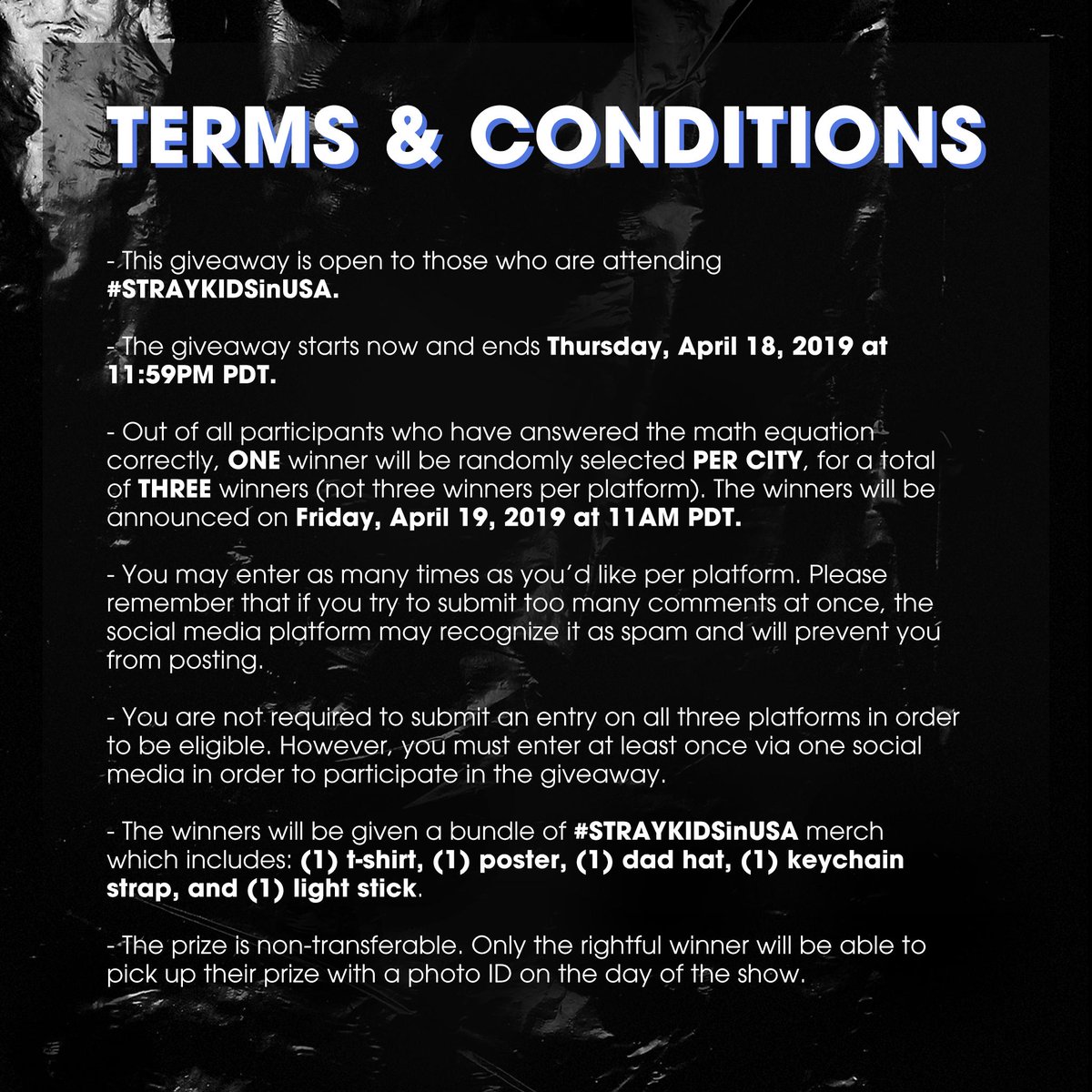 SubKultureEnt's tweet photo. Want to get decked out for Stray Kids UNVEIL TOUR ‘I am…’ in USA? 💋 Enter our #STRAYKIDSinUSA merch giveaway for a chance to win a merch package! Ends Thu, 4/18 at 11:59PM PDT. Winners announced Fri, 4/19 at 11AM PDT 🏅 https://t.co/L7krEiYnlu