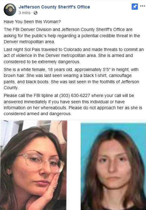 AuroraPD's tweet photo. #APDAlert @jeffcosheriffco is requesting to be on the look out for Sol Pais regarding the potential credible threat to the Denver area. She traveled to CO &amp; made threats to commit acts of violence. SHE IS ARMED &amp; CONSIDERED EXTREMELY DANGEROUS. Pleases call 911 if seen. https://t.co/WGYgsrL3rr