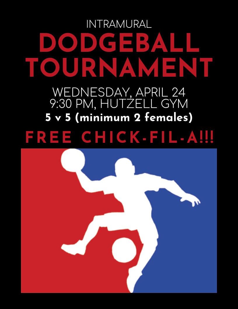 USFengagement's tweet photo. Don't miss the last Intramural Dodgeball Tournament of the year next Wednesday @ 9:30 PM in Hutzell. There will be Chick-Fil-A! 5v5. Just show up. https://t.co/DWPjAkBHmR