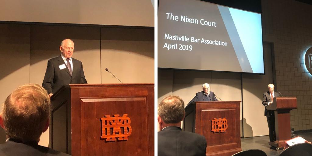 NealHarwell's tweet photo. N&H was proud to sponsor @NashvilleBar "The Nixon Court" CLE presented by John Dean and Jim Robenalt at @MontgomeryBell. #history #NBACLE https://t.co/VWZjgZIvbx