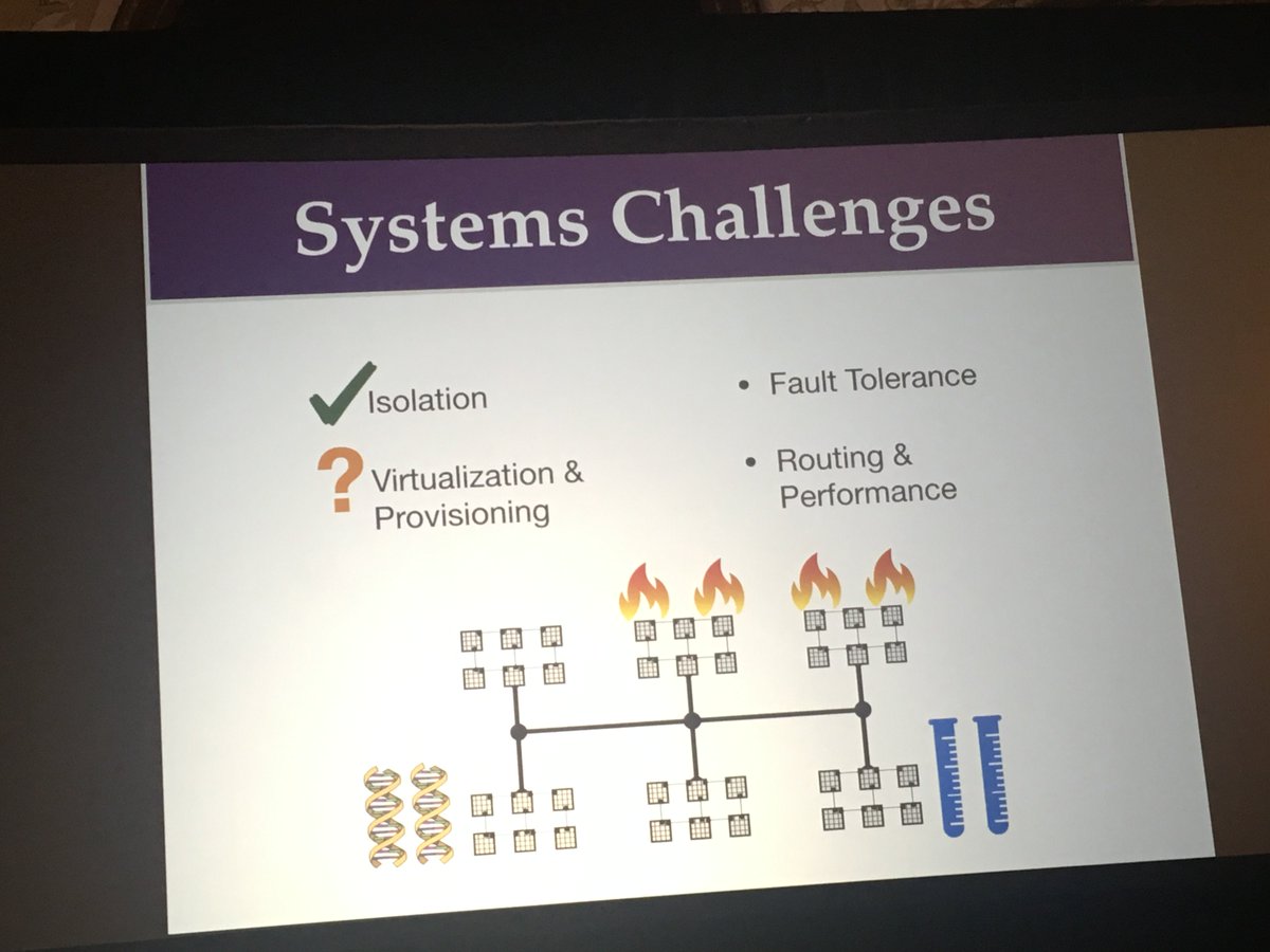 sigarch's tweet photo. In the final #asplos19 WACI talk, UW’s @mwillsey pitches mega-microfluidics: distributed systems of chemical experiment substrates, shared in the cloud. https://t.co/NNpFXV694g