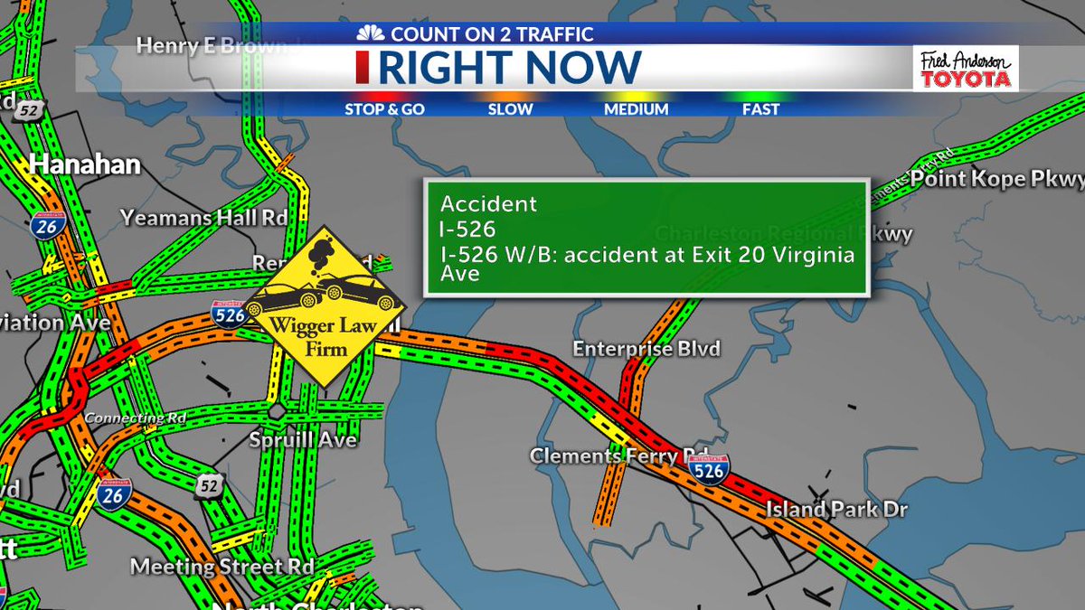counton2traffic's tweet photo. COUNT ON 2 TRAFFIC ALERT:  Left lane blocked due to accident on I-526 Westbound at Exit 20 Virginia Ave. #chstrfc https://t.co/T8PoT3MoQy