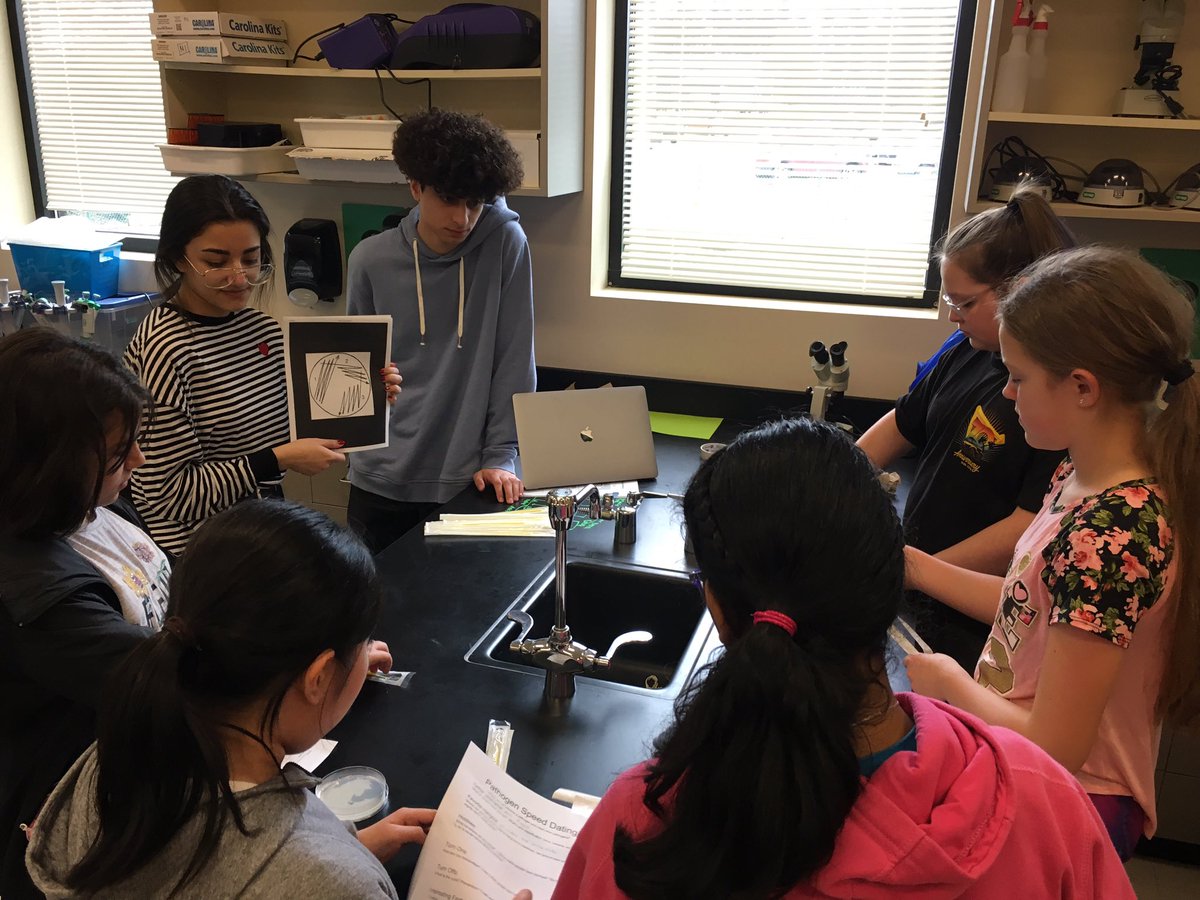 HS2 HOSA members teaching middle school students about microbiology in our after school science program. #HOSA @HS2huskies