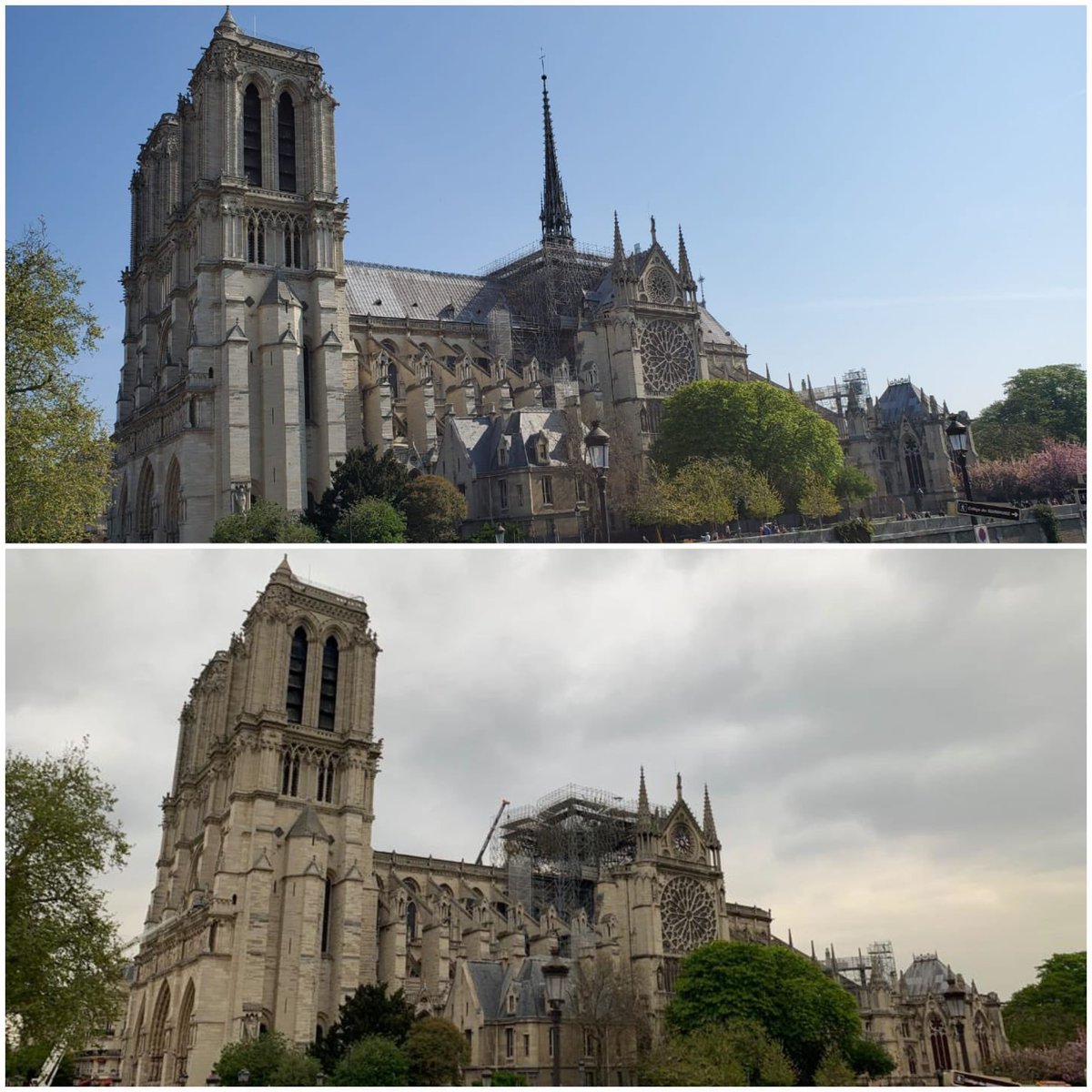 sne75's tweet photo. @MichelleObama Beautiful sentiment. We are in Paris to visit, and pray with our new Parisian friends for a speedy restoration to this beautiful piece of history. Here is a before and after between April 15 and today. https://t.co/lzTKUNrx0k