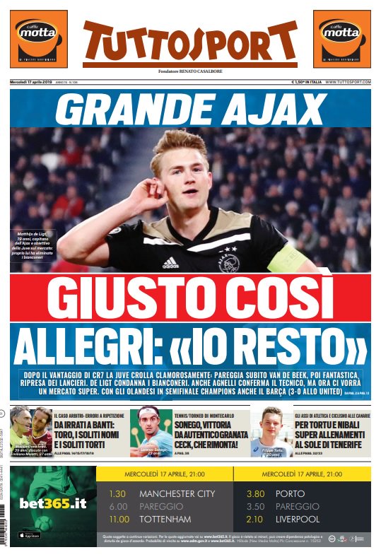 La prima pagina #Tuttosport di domani 

#JuveAjax