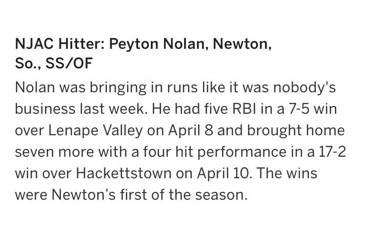 NewtonBraveFB's tweet photo. Congrats to our guy @peytonolan32 on winning NJAC hitter of the week! https://t.co/EpSh3AmwT7