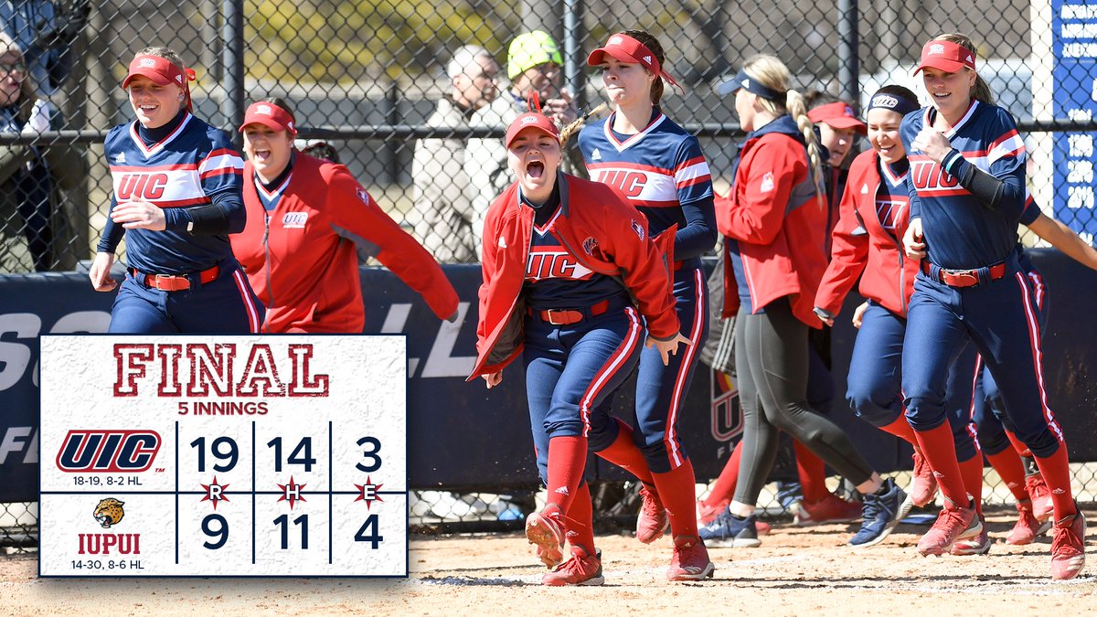 UIC_Softball's tweet photo. FINAL: UIC 19, IUPUI 9 (5)

The Flames score a season-high 19 runs and tie the single-game record with five homers to take game one from the Jags, 19-9! #ItsUIC #HLSB https://t.co/7o2w65SXlR
