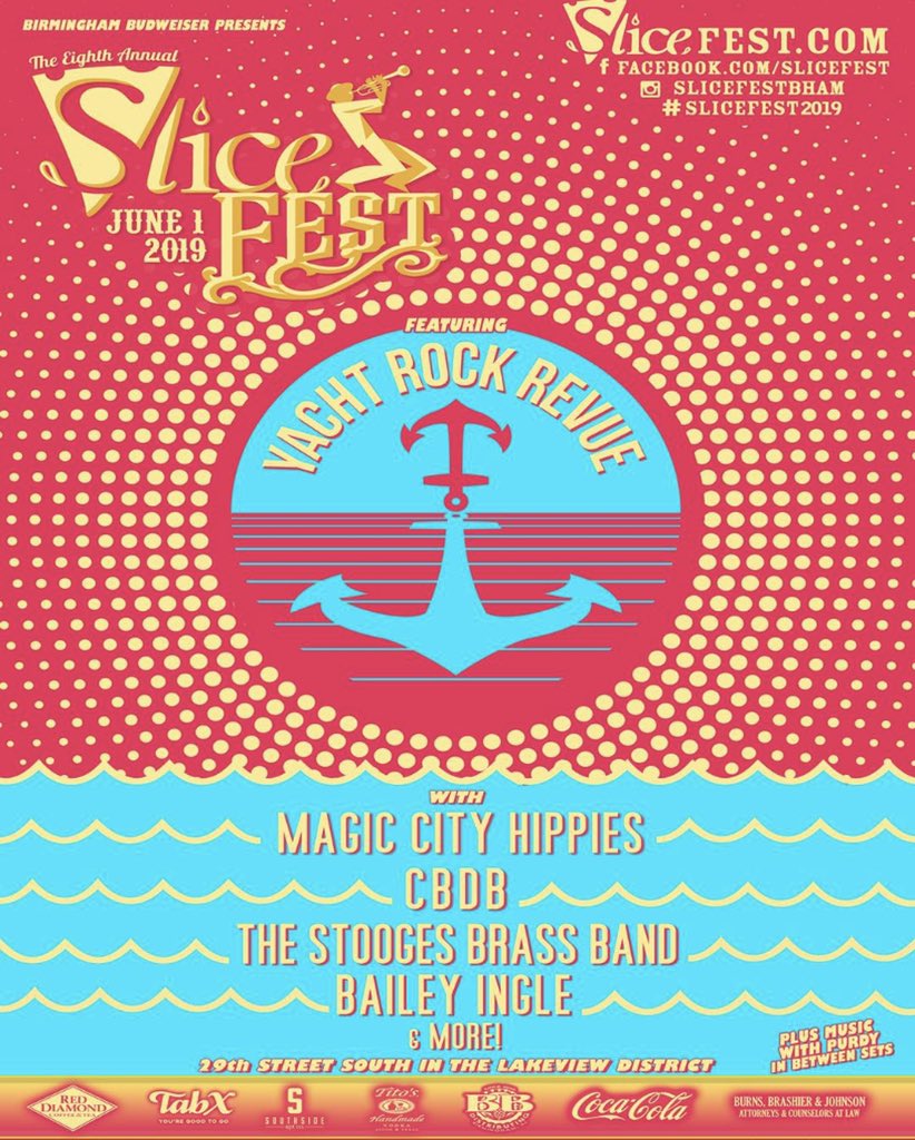 timingle2's tweet photo. Excited about the 2019 lineup for Slice Fest !!@YachtRockRevue @CBDBtweets @bailey_ingle @SliceBirmingham #birmingham https://t.co/yhNxCIV2gT