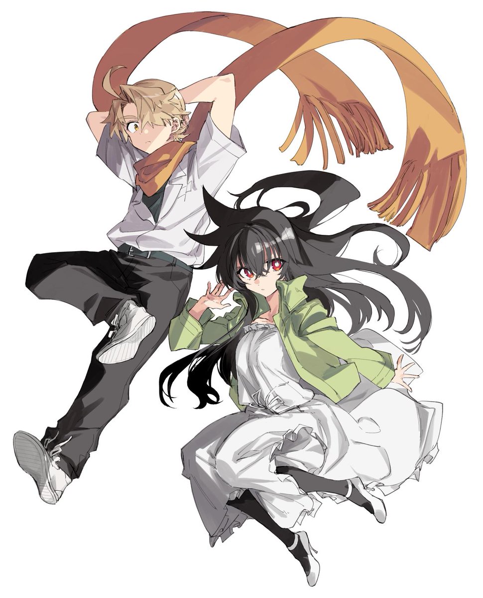 1girl 1boy black hair red eyes long hair scarf orange scarf  illustration images