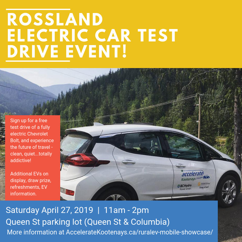 AccelerateKoots's tweet photo. We're kicking off a summer of #ruralEV travel in @RosslandBC on Apr 27 - inviting any and all EV drivers to join for some java & talk all things zero emissions travel AND anyone who wants to learn about EVs or test drive our #BoltEV. https://t.co/FAMFXwCmgn