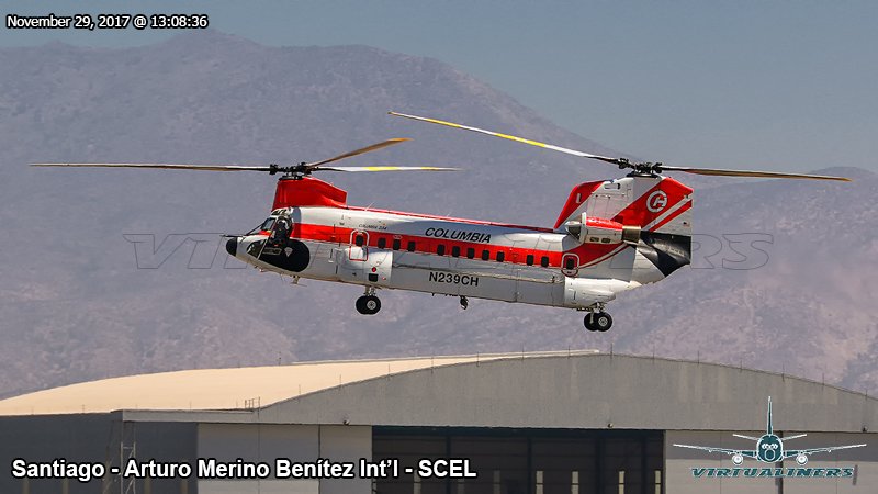 SCEL 2017, Boeing Vertol 235, N239CH landing on runway 17L.  This Helicopter helped during the 2017-2018 wildfire season in Chile.  A very nice Helicopter.

#AvGeek #SCEL #AMB #aviationphotography #SpottersChile #virtualiners #planespotting <a href="/avgeekyyz/">Plane Spotting</a> #Helicopter #Vertol