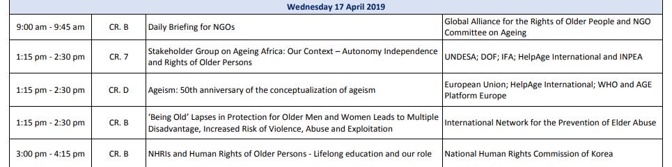 Ready for Day 3 of #OEWG10? Here's the schedule draft for the day's side events, covering topics like ageism, elder abuse, and the autonomy, independence and rights of older adults in Africa: