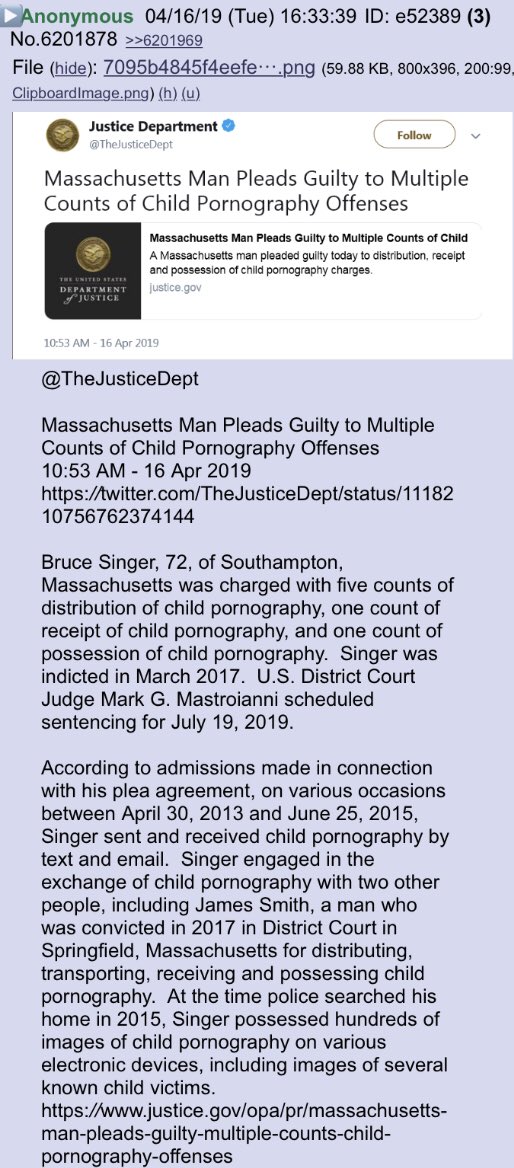2runtherace's tweet photo. Massachusetts man pleads guilty to multiple counts of child pornography offenses!!
Anon notable!!
@realDonaldTrump https://t.co/YSSNFlysrI