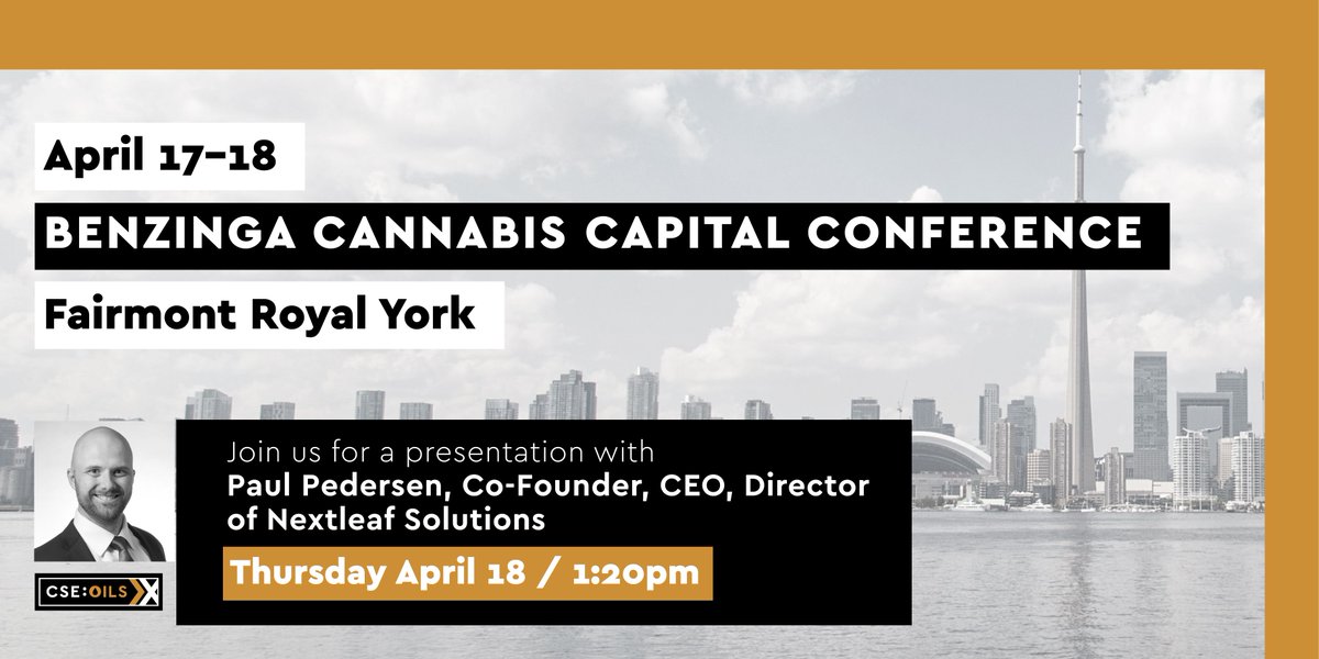 nextleaf_oils's tweet photo. We made it East, and are settling in for the next two days at the @Benzinga Capital Conference. Drop by Table 35 and meet us, don't forget to watch @paulepedersen 's presentation this Thursday at 1:20 p.m. $OILS #soiltooil #cannabisip #innovation #cseoils #yyz #toronto https://t.co/cpqpXr0VX3