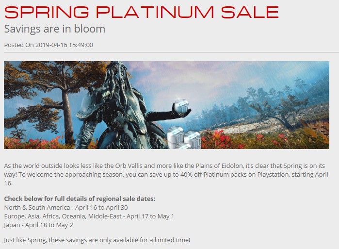 トラねこ Warframe Ps4 Warframe Spring Platinum Sale T Co Suljcwehhv Ps4 春のプラチナセール を開催 期間 4 18 5 2 いつも通り日本psストアの更新日である木曜日より 割引率 プラチナの量により変動 最大40 割引率は恐らく2枚目