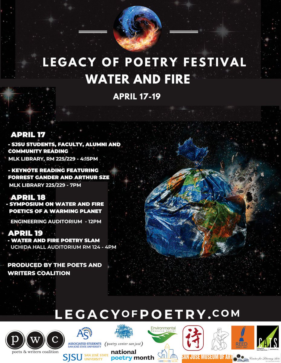 So cool that 2019 Pulitzer Prize-winning poet, Forrest Gander, will keynote tomorrow's SJSU Legacy of Poetry Festival: Water and Fire. Gander's 4/17 reading with Pulitzer finalist Arthur Sze is at 7:00 pm, MLK Library 225. For info click: legacyofpoetry.com #legacyofpoetry