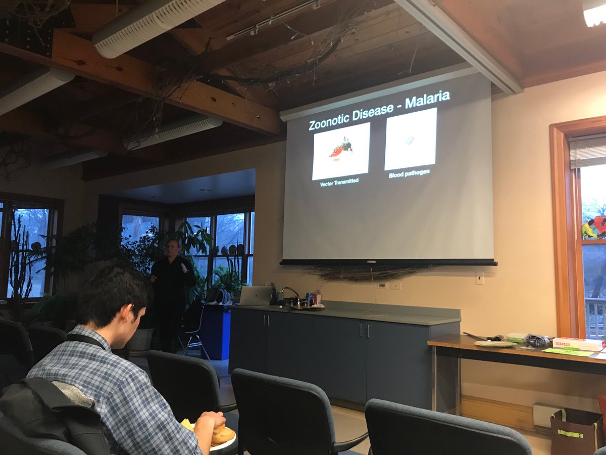 JMBFMNH's tweet photo. Committee on Evolutionary Biology and FMNH graduate student Heather Skeen presenting research on malaria and migrating thrushes to the Chicago Collision Monitors. #fmnhscience https://t.co/XcP5dnSU8v