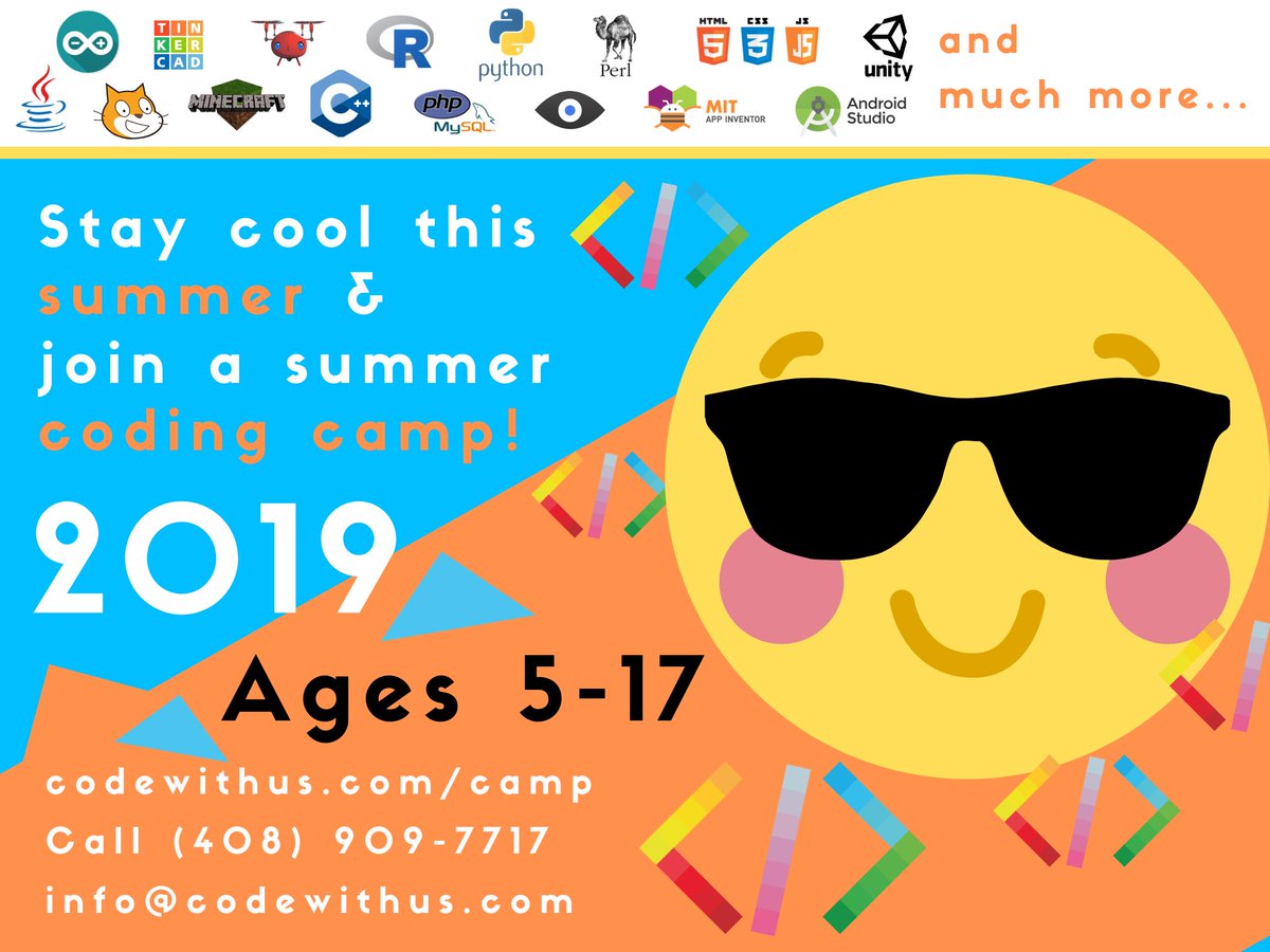 codingclasses's tweet image. We are excited to offer summer camps in Campbell with programs in Python, Java, C++, Minecraft Moding, AI, Unity, JavaScript, HTML/CSS, Robotics and many more.
For more information, please visit buff.ly/2DhPvCu
Call (408) 909-7717
Email: info@codewithus.com