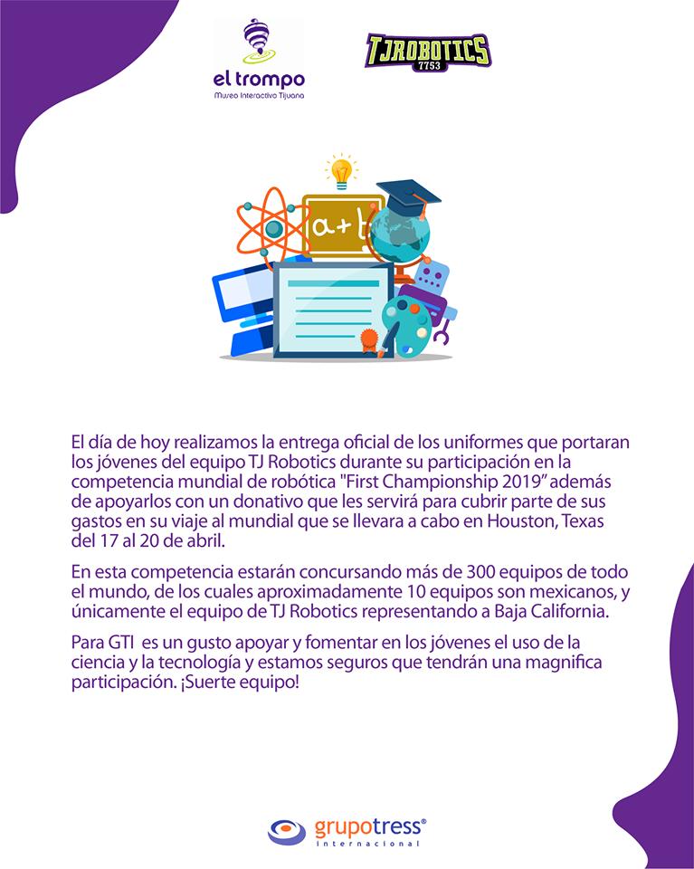 GrupoTress's tweet image. ¡GTI unió fuerzas con TJROBOTICS!
#TJRobotics #Filantropía #ComprometidosConNuestraComunidad #MuseoElTrompo #Ciencias #Tecnología #Artes #FirstChampionship2019