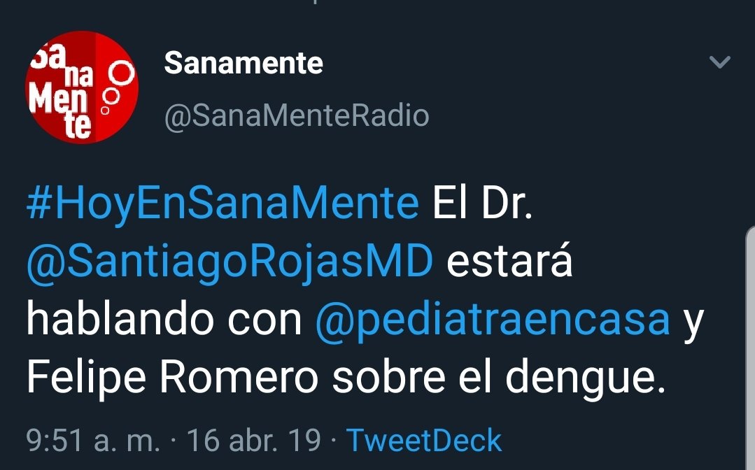 Hoy súper recomendado en <a href="/SanaMenteRadio/">SanaMente</a> a <a href="/pediatraencasa/">Dr. Barbuchas (Miguel Bayona)</a> hablando de Dengue con Felipe Romero y el gran <a href="/SantiagoRojasMD/">Santiago RojasPosada</a> a las 11 p.m. en Caracol Radio