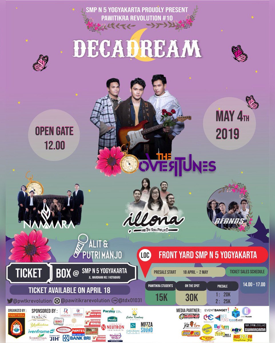 Saturday, 4 May 2019
⏰ Open Gate 12.00 Close Gate 14.00
📍 SMPN 5 Yogyakarta

Are you ready to explore your dreams? Let’s buy the ticket🎫 📆 18 April-2 Mei 2019
📍Front Yard, SMPN 5 Yogyakarta -With Pawitikra Student Card : 15k
-Presale : 1) 20 K  2) 25 K
-OTS : 30K