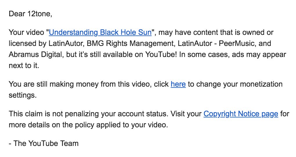 Youtube copyright claim notification on my Black Hole Sun video.