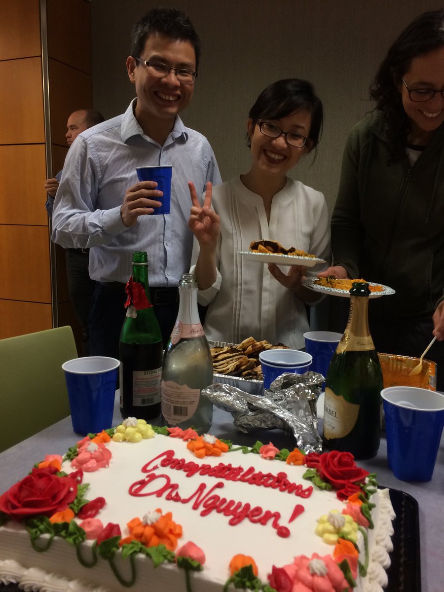 BurkeLabRNA's tweet image. Congrats to the new Dr. Phuong Nguyen! Is that a peace sign or a V for Victory? Lab celebration with tasty food from India House and a gorgeous cake.
