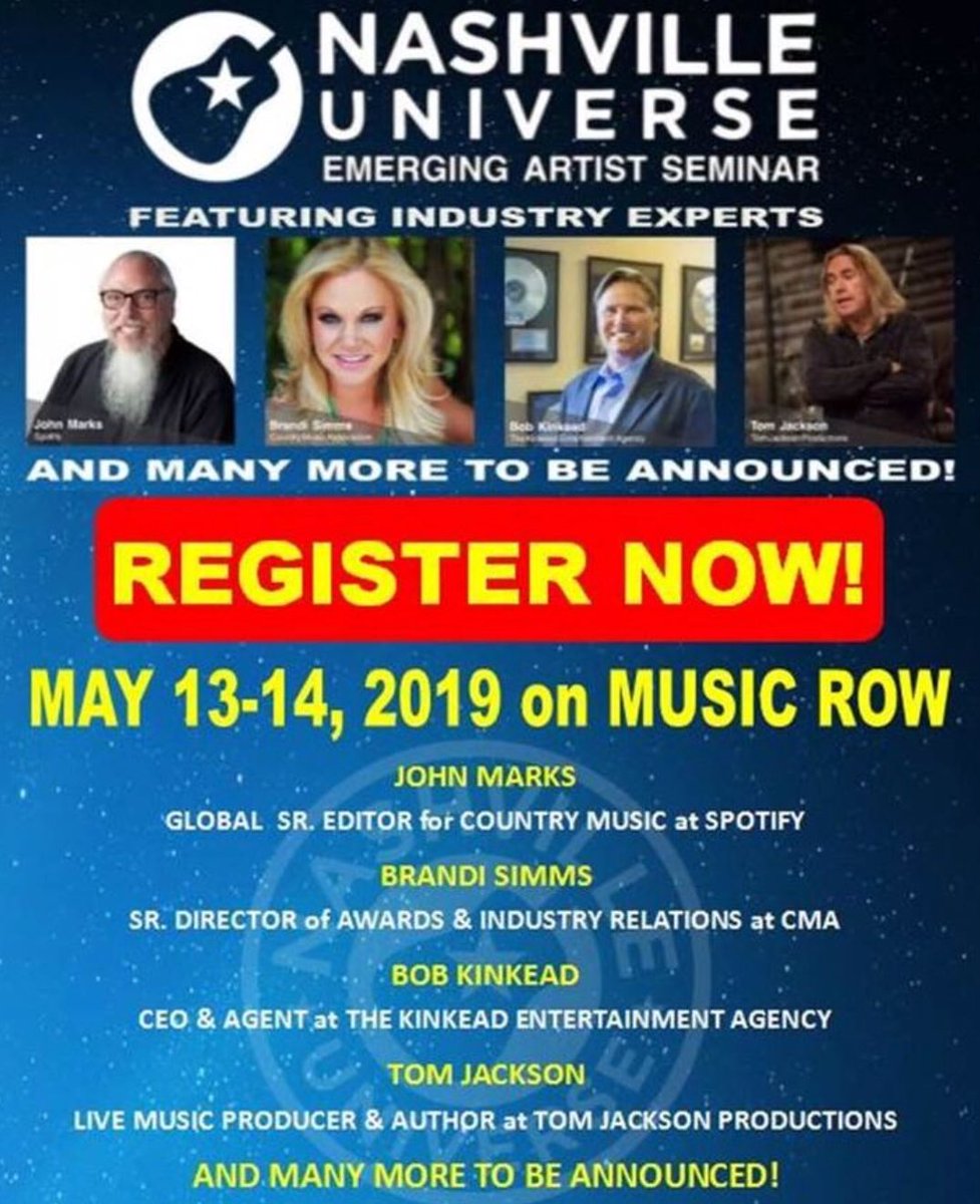 HAVE YOU REGISTERED for the Nashville Universe Emerging Artist Seminar YET?

Advance registration is now open! Seating is limited, so claim your spot fast! You will hear from entertainment industry experts such as JOHN MARKS, BRANDI SIMMS, BOB KINKEAD, TOM JACKSON &amp; MANY MORE!