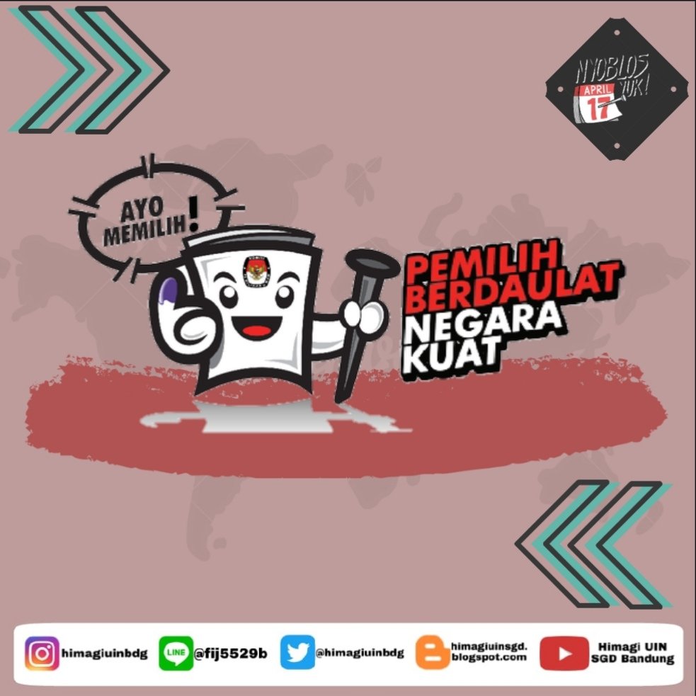 himagiuinbdg's tweet photo. Happy election day, Indonesia.
Ayo gunakan hak pilihmu.
Jadilah pemilih yg cerdas.
Pilih sesuai nurani. Pilih yang mampu membawa kebaikan.
Untuk Indonesia lebih baik.
#PEMILU2019
#himagiuinsgd
#himagikabinetfolia
#sinergitastanpabatas
#uinsgdbdg https://t.co/RaluFEV3Oz