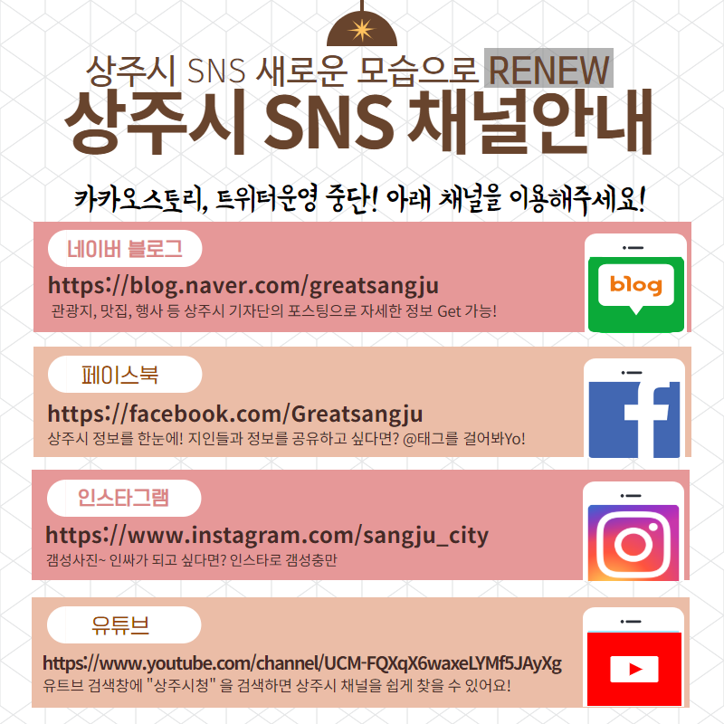 상주시 SNS 효율적 운영을 위하여 
새로운 모습으로 RENEW되었습니다!
아래 링크를 클릭! 팔로우하시고, 유익한 정보 받아보세요! 

네이버블로그 blog.naver.com/greatsangju
페이스북 facebook.com/GreatSangju/
인스타그램 instagram.com/sangju_city/
유튜브 youtube.com/channel/UCM-FQ…