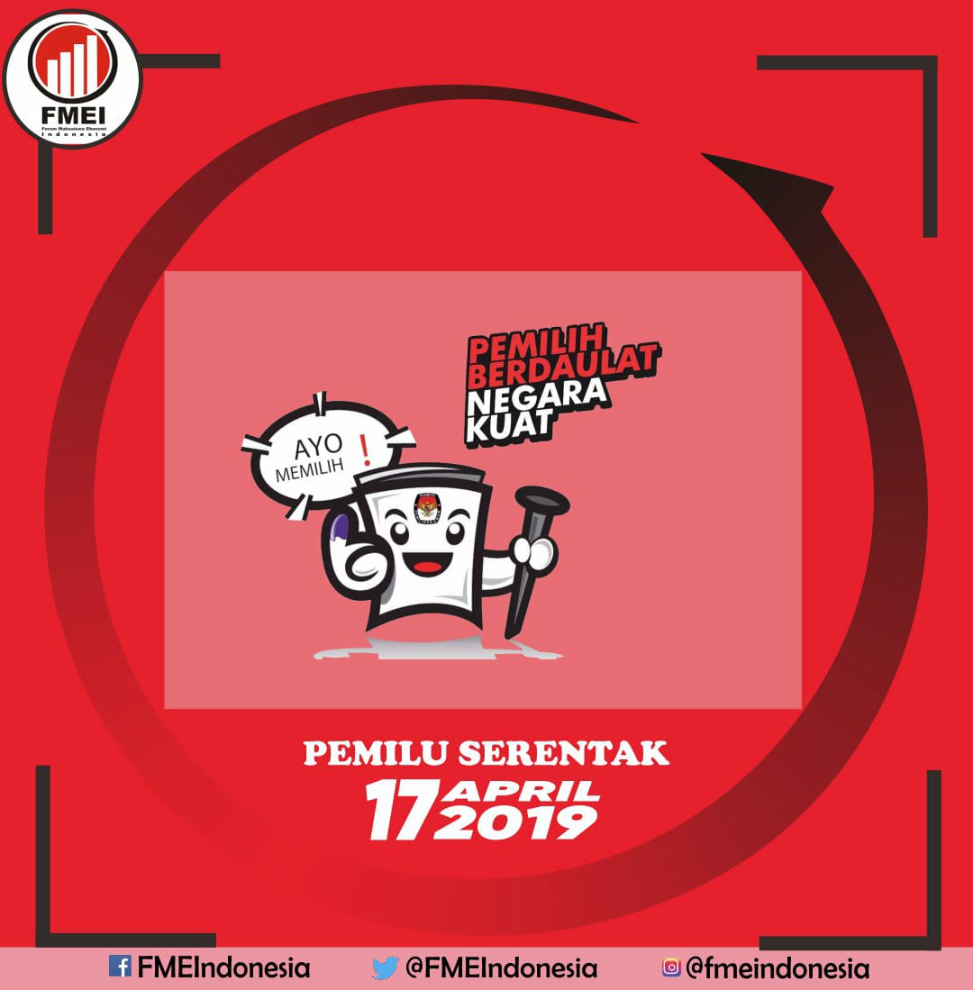 FMEIndonesia's tweet photo. [AYO KE TPS GUNAKAN HAK PILIH KITA]

Pemilu 2019
Setiap 5 tahun sekali, rakyat Indonesia menentukan masa depannya.  Untuk memilih calon wakil rakyat dan pemimpin negeri ini, pelajari rekam jejaknya, visi dan misinya. Mari kita datang ke TPS dan  jangan sia-siakan hak pilih kita. https://t.co/H8y8IWHttU