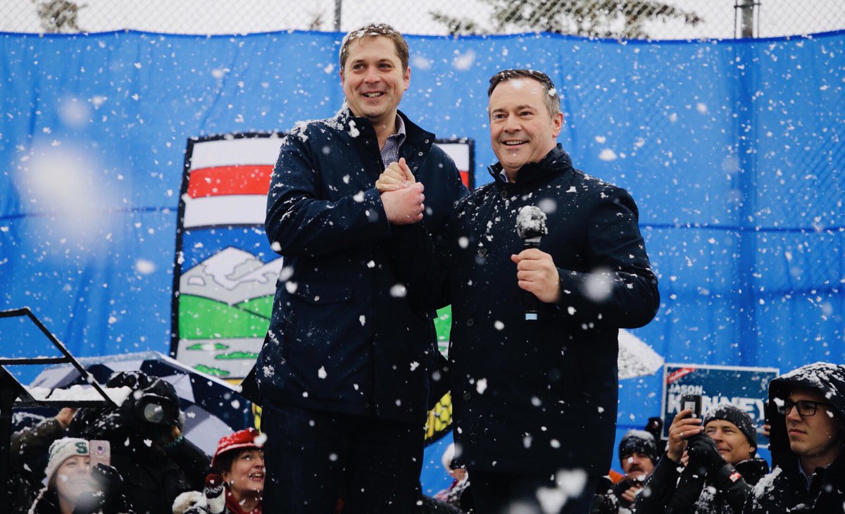 AndrewScheer's tweet photo. Congratulations to my friend @jkenney on his victory in Alberta tonight! Looking forward to working with Premier Kenney and the new @Alberta_UCP government to help Albertans get back to work and back on track! https://t.co/4IGhZMvyah