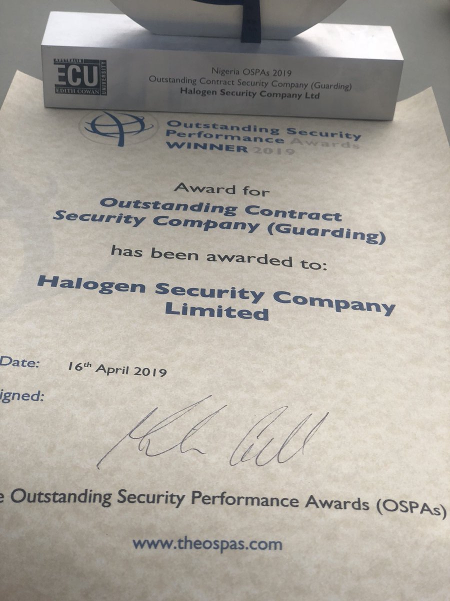 halogen_group's tweet photo. We won an award 🥇👏🏼👏🏼
“Outstanding Contract Security Company (Guarding)” by Nigeria OSPAs 2019 at the #SecurexWA19 
•
•
•
A big thank you to @theOSPAs for this recognition. We are deeply honored. https://t.co/KIY4bn4yph