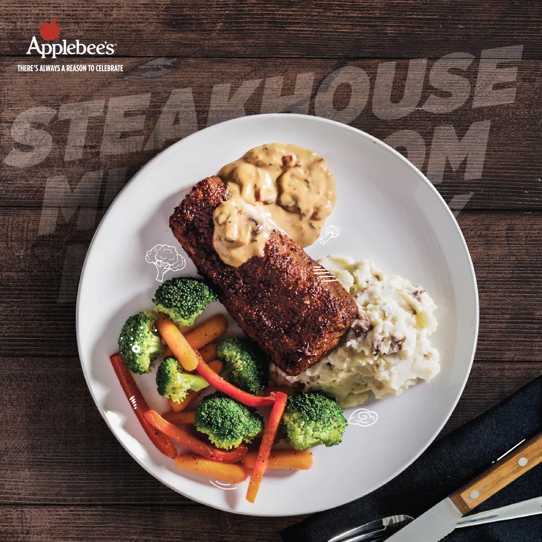 ApplebeesUAE's tweet photo. Chili encrusted, Mushroom sauce and a fiery Chili spice. What a dish!! Enjoy our Steakhouse Mushroom New York Strip  #ApplebeesUAE https://t.co/pf2ec73otc