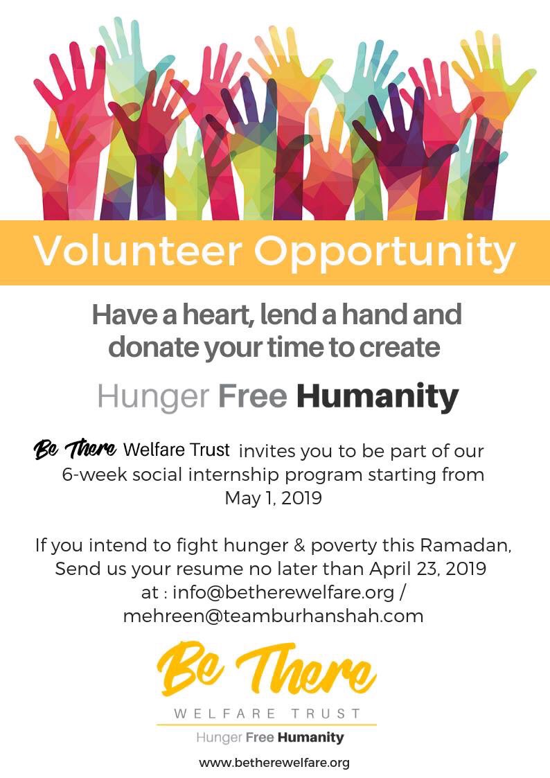 Burhan_Sha's tweet photo. Here's an opportunity to volunteer for a good cause. Join Be There Welfare Trust this Ramadan and help us build #HungerFreeHumanity Be There Welfare Trust
If you feel the pain of other unprivileged beings, send us your CV at info@betherewelfare.org / mehreen@teamburhanshah.com https://t.co/W39BzC7EJI