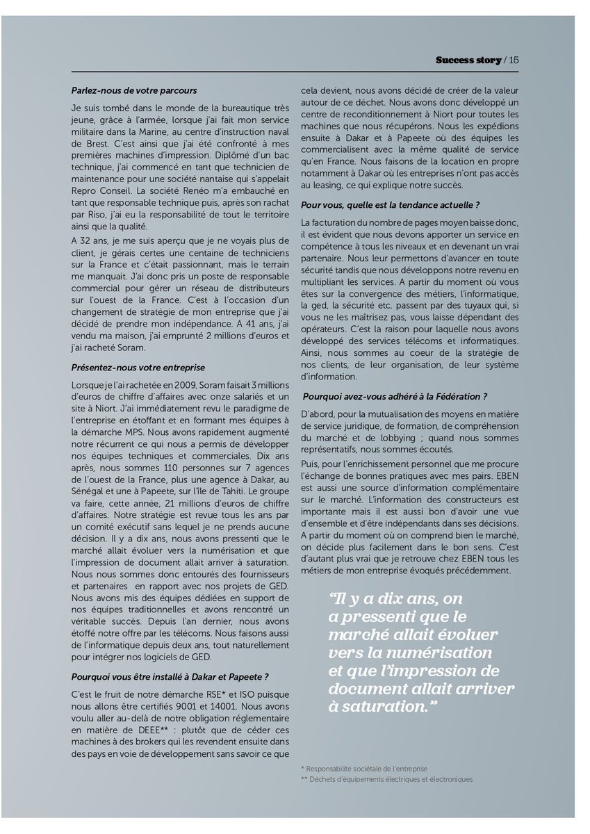 #ActuSoram
Retour sur le parcours de Gaël PRAUD via la #FédérationEben.
Un grand merci pour ce bel article qui en dit long sur le dynamisme et le développement de notre société !