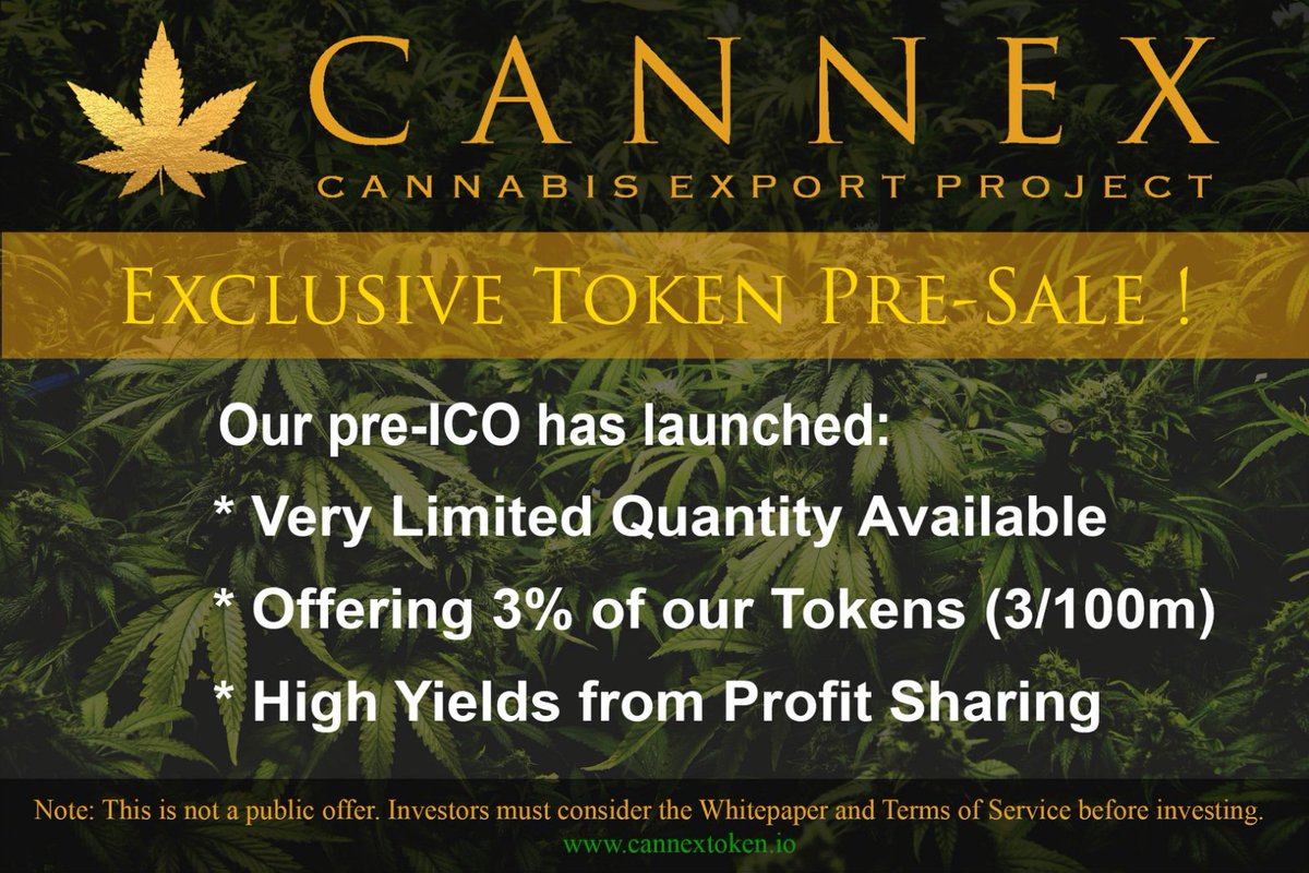 CANNEXProject's tweet photo. Twitter, 17/04/2019

Artifex Global Limited is excited to announce their private pre-sale of the CANNEX Token, the profit-sharing token for the Cannabis Export Project.
To learn more about CANNEX, go to https://t.co/Ezay4bF0da and join us on Telegram at https://t.co/Yxb2z5y10K https://t.co/fMWHO9XQJK
