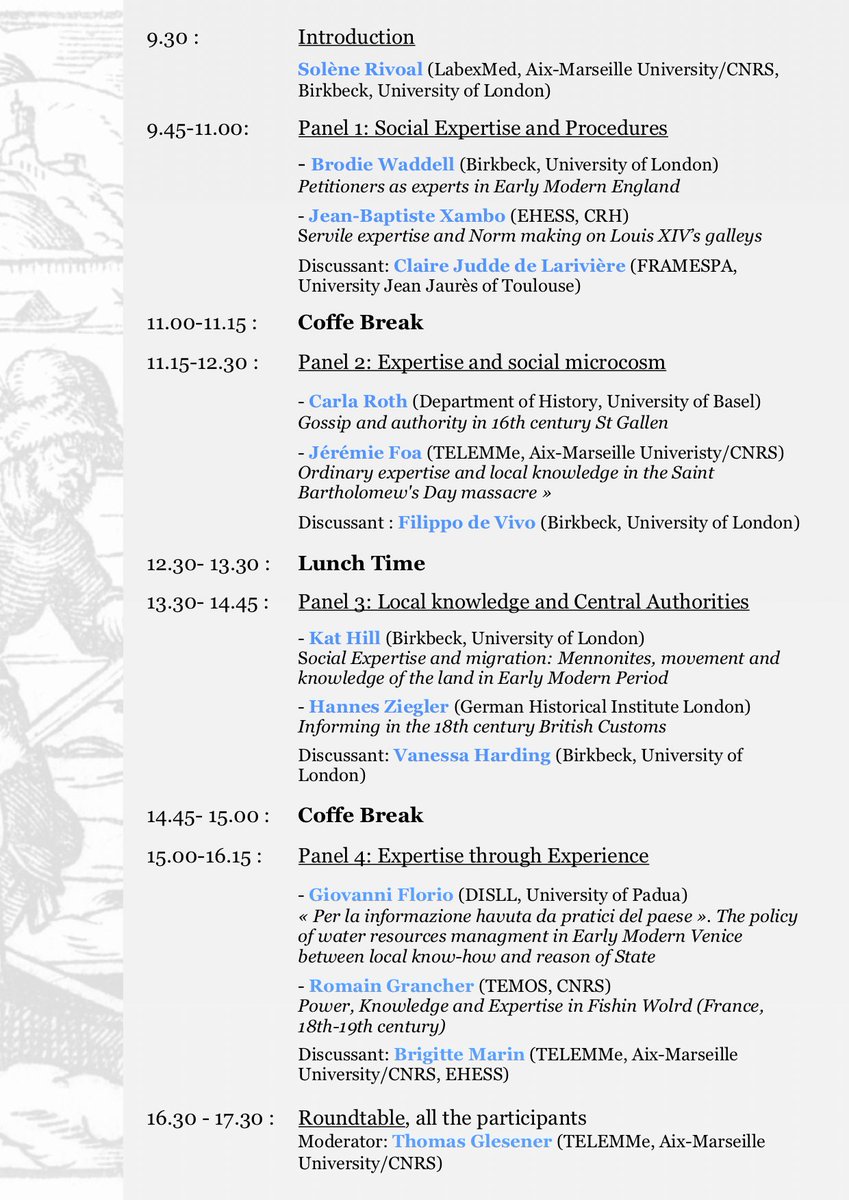 The program for the international workshop Social Expertise and Political Decisions in Early Modern Europe is available. Everyone is welcome to join us! #socialexpertise #twitterstorians #modernhistory #workhistory #histoiresociale @TELEMMe @BirkbeckUoL @LabexMed