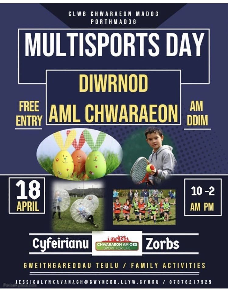 CAOGWYNEDD's tweet photo. Chwilo am rhywbeth i neud FORY (dydd iau) ymunnwch a Tim Chwaraeon am oes Gwynedd yn clwb chwaraeon madog porthmadog. Gweithgareddau teulu am ddim (Easter egg hunt £3) 
• cyfeiriannu 
• zorbs
• rygbi 
• tennis 
A llawer Mwy ar gael 10-2pm https://t.co/FuWRZOe4RF