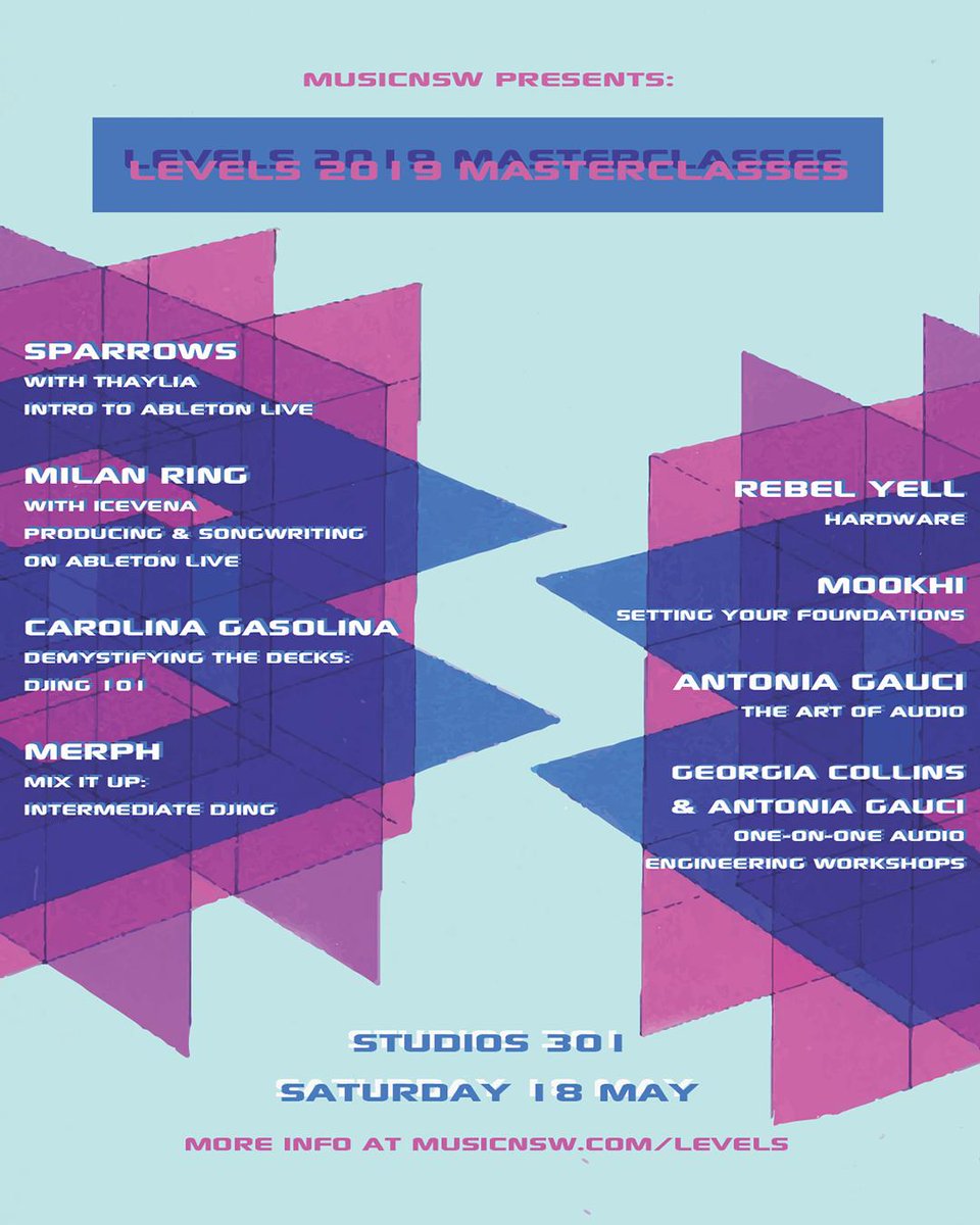 MusicNSW (@musicnsw) on Twitter photo Announcing the Levels 2019 Masterclasses! 🙌
Learn from some of the best in electronic music at #Levels2019, a day of masterclasses for women, non-binary and trans folk! 🎧🎹✨
The program returns on May 18 at <a href="/Studios301/">Studios 301</a>.
Applications close May 10!
More: bit.ly/2XhSDpI Announcing the Levels 2019 Masterclasses! 🙌
Learn from some of the best in electronic music at #Levels2019, a day of masterclasses for women, non-binary and trans folk! 🎧🎹✨
The program returns on May 18 at <a href="/Studios301/">Studios 301</a>.
Applications close May 10!
More: bit.ly/2XhSDpI