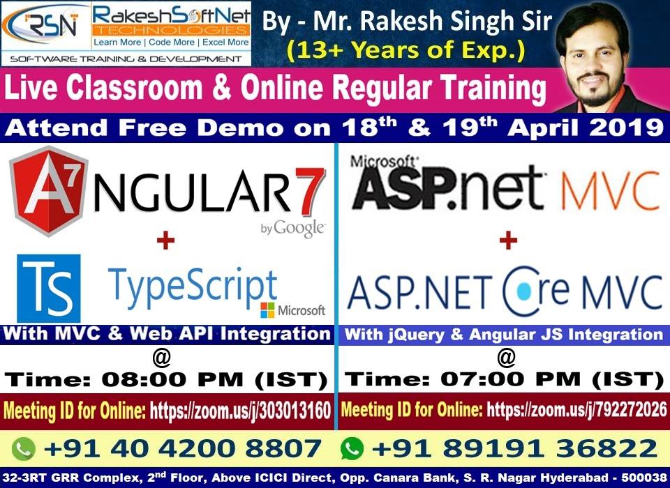 RakeshSinghNet's tweet image. Attend Free Demo on 18th &amp;amp; 19th April Live Classroom &amp;amp; Online
🥇#Angular 2+ to 7 + TypeScrript @ 08:00 PM (IST)
Online Meeting ID: zoom.us/j/303013160
🥈#MVC + #CoreMVC @ 07:00 PM (IST)
Online Meeting ID: zoom.us/j/792272026