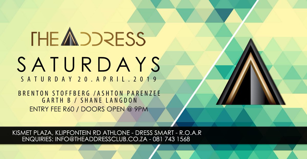 TheAddressCT's tweet image. SATURDAY 20 APRIL 2019
**ADDRESS SATURDAYS** R60 COVER CHARGE / DOORS OPEN 9PM.