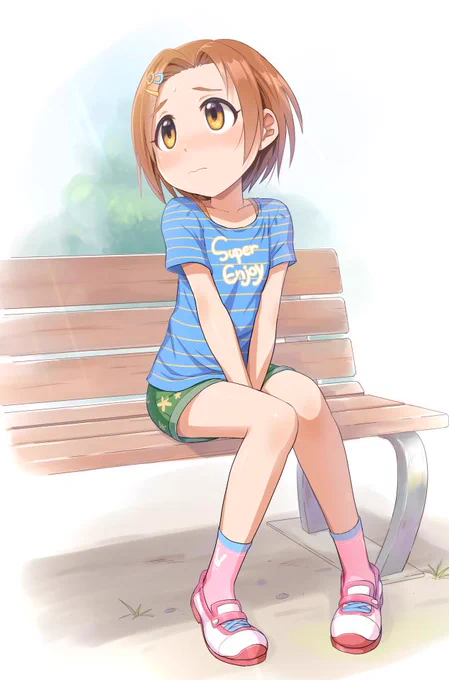 表題は「公園でトイレが空いてなくてベンチでおしっこをがまんしている薫ちゃん」です。 #龍崎薫 