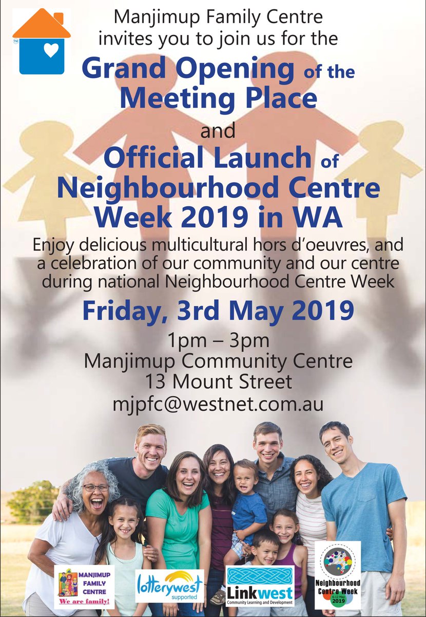 LinkwestTeam's tweet photo. Neighbourhood Centre Week 2019 will kick off at Manjimup Family Centre. This event will also celebrate the grand opening of the Centre’s $267,000 building extension, and fond farewells to Andre Foulon, who has been at the helm for nearly 25 years. https://t.co/uwK3pci632 https://t.co/wt57gnupfT