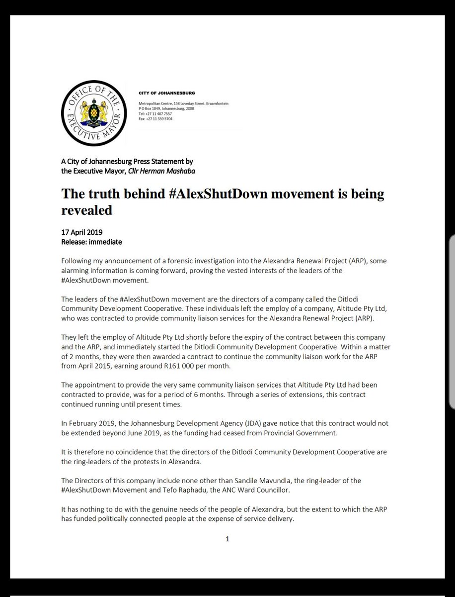 HermanMashaba's tweet photo. Last week, I committed to an investigation into the Alexandra Renewal Project and why it had failed to address challenges in Alex. As part of that, it appears some leaders within the protest were only in it to protect their own interests. https://t.co/F1FAzSOSZP