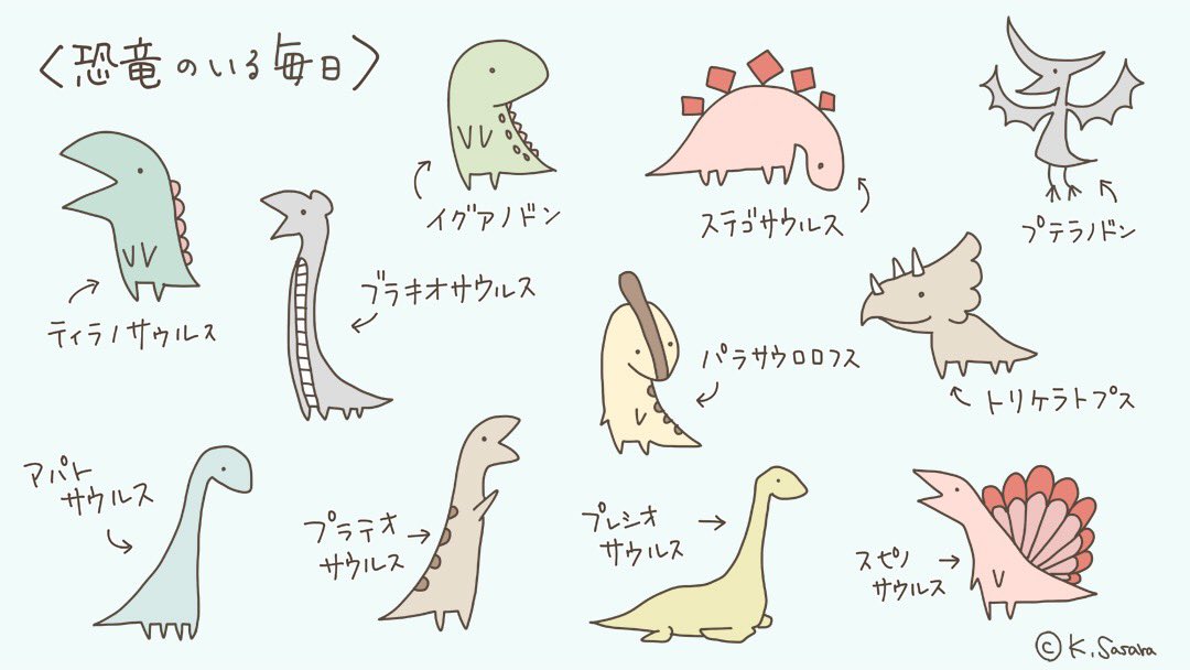 K Sasara 恐竜 書籍発売中 Twitterissa 4月17日は 恐竜の日 だそうですね 再掲画像ですが うちの恐竜たちのご紹介です 恐竜のいる毎日 Lineスタンプやグッズも販売中です 今日は何の日 恐竜の日 恐竜 恐竜のいる毎日 Lineスタンプ クリエイター