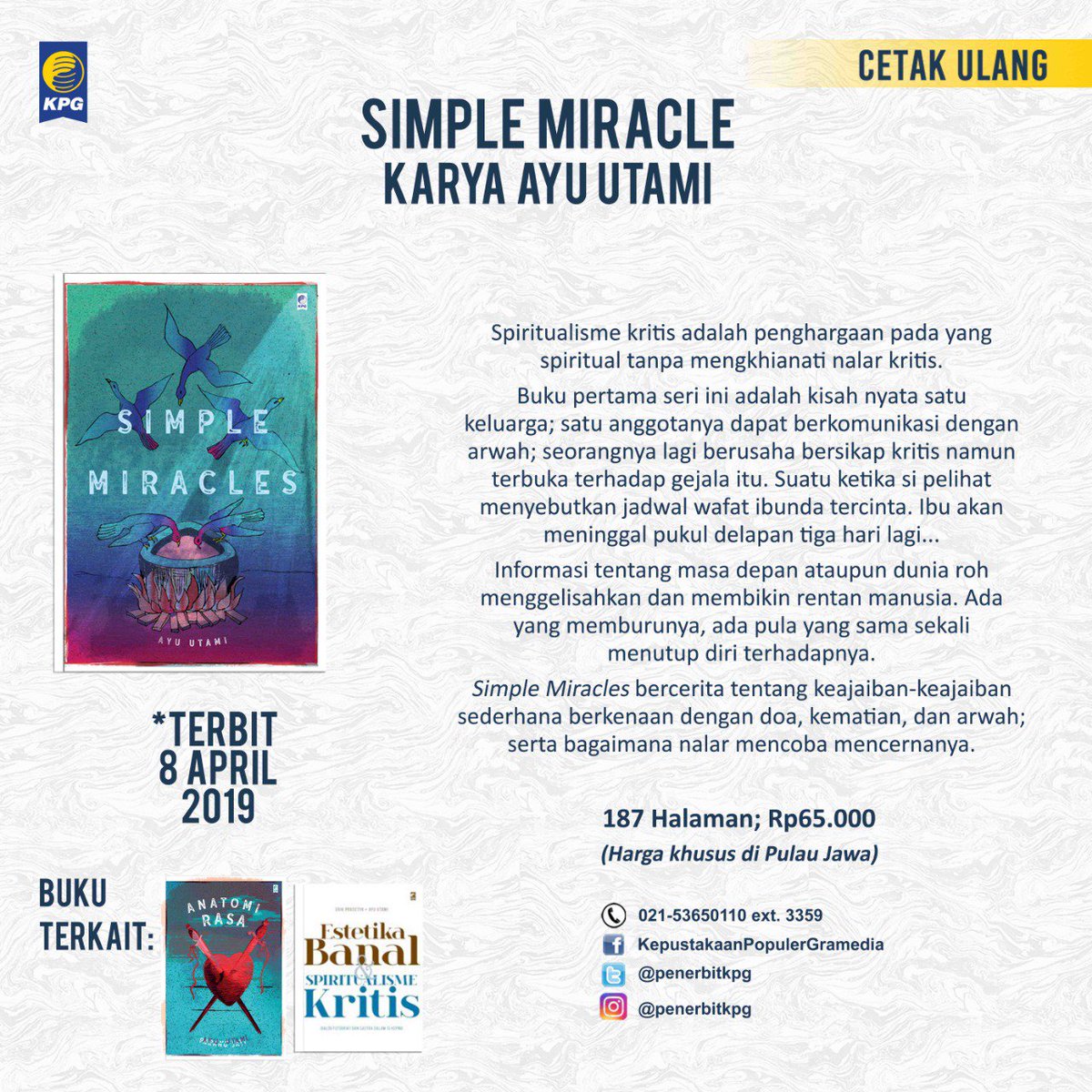 penerbitkpg's tweet photo. Usai memilih pemimpin untuk negeri ini, waktunya pilih buku apa yang mau dibaca hari ini. Sudahkah kamu memilih, Bookmanias? #Pemilu2019 #PuYi #TehdanPengkhianat #SungaidariFirdaus #SimpleMiracles https://t.co/AiDAnB7QCE