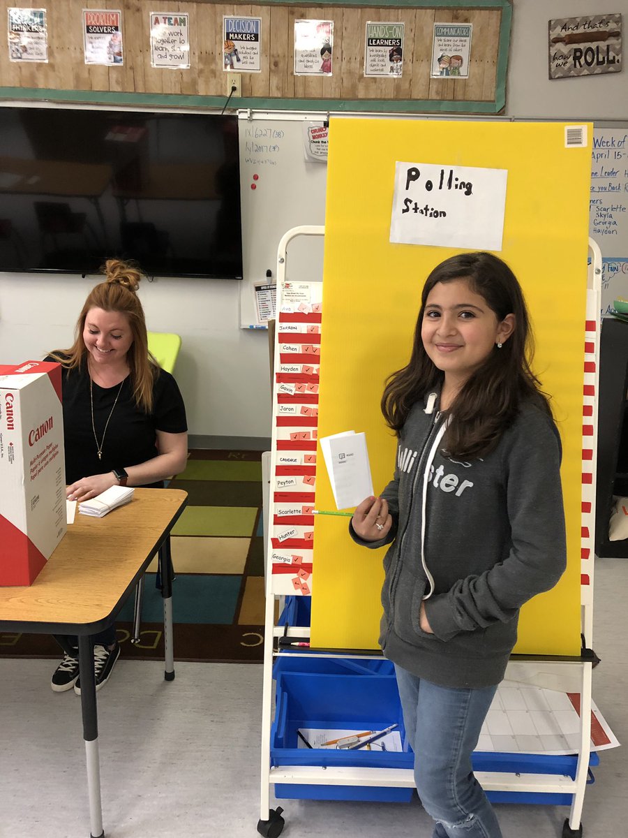 Class4Gressler's tweet photo. While the adults voted for a new premier, election day also happened in grade 4 today. Students went to the polls to vote for our favourite book for 2019 @WildRoseSchools #rockymountainbookawards https://t.co/xrP4AsTpWg