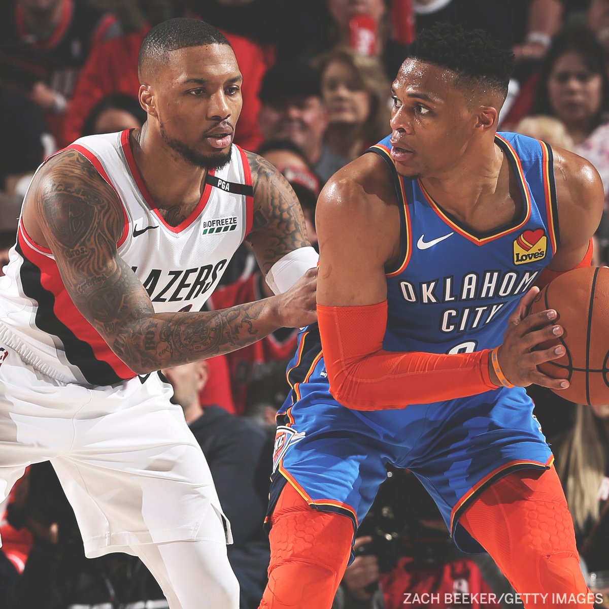 espn's tweet photo. Dame guarding Russ 🔒🔒🔒

Game 1: 4-8 FG, 2 TO
Game 2: 3-13 FG, 4 TO + blocked him twice https://t.co/ToWTJ77R8F